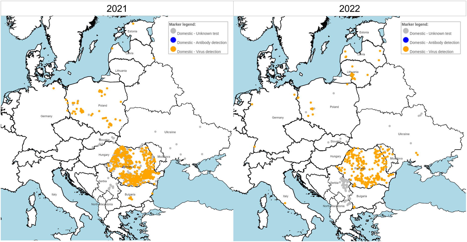 Spatial distribution of ASFv Genotype II outbreaks among domestic pigs confirmed in 2021 (left) and 2022 (right). Source: ADIS, accessed 1 February 2023