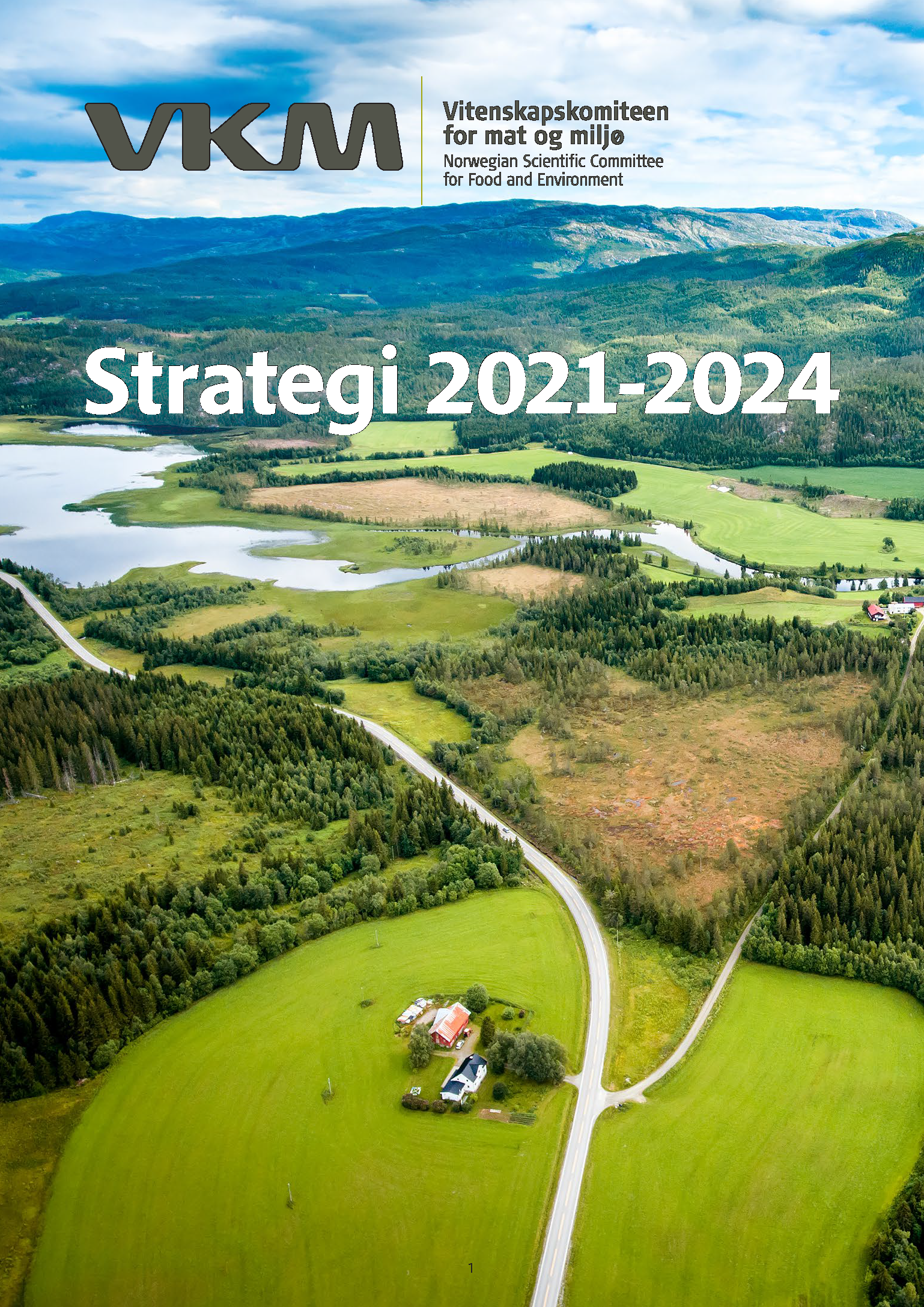 Cover of VKMs new strategy for 2021-2024 with image of Norwegian farm, nature and ocean.