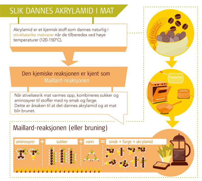Infografikk om hvordan akrylamid oppstår i mat